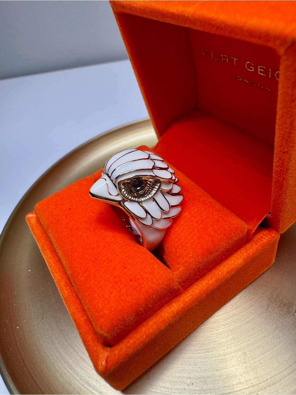 KURT GEIGER London White Enamel Eagle Head Statement Ring NWT Gold OS